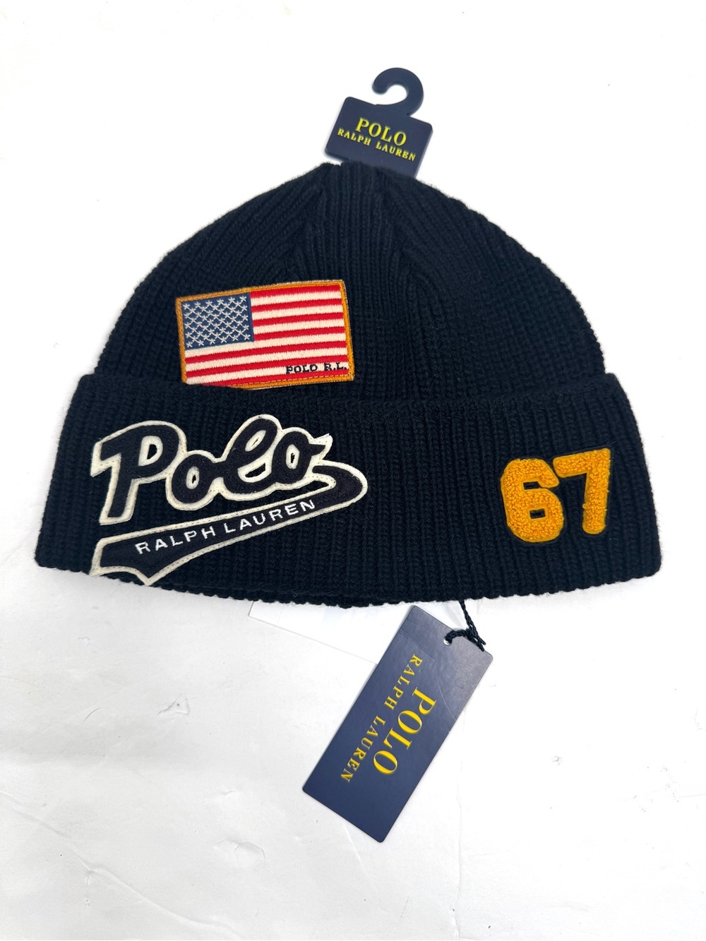 Polo Ralph Lauren Varsity Flag Multi Patch Black Knit Beanie Hat NWT
